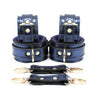 Sonya Luxury Sapphire Blue Metallic Leather BDSM Cuffs with gold hardware