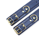 Special edition blue sapphire metallic leather bondage cuff details