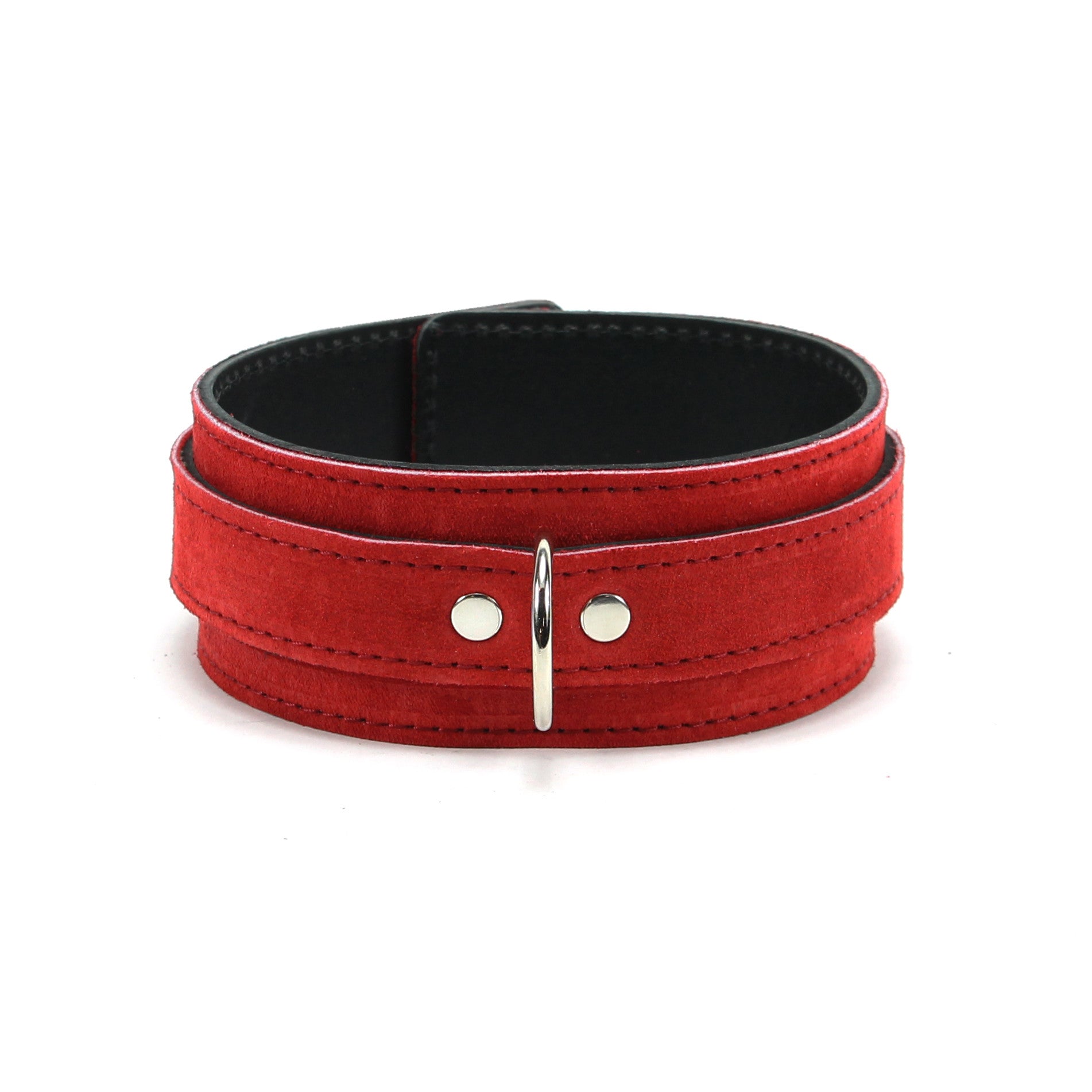 Lena Luxury Red Suede Submissive Collar with Nickel-Plated D-ring