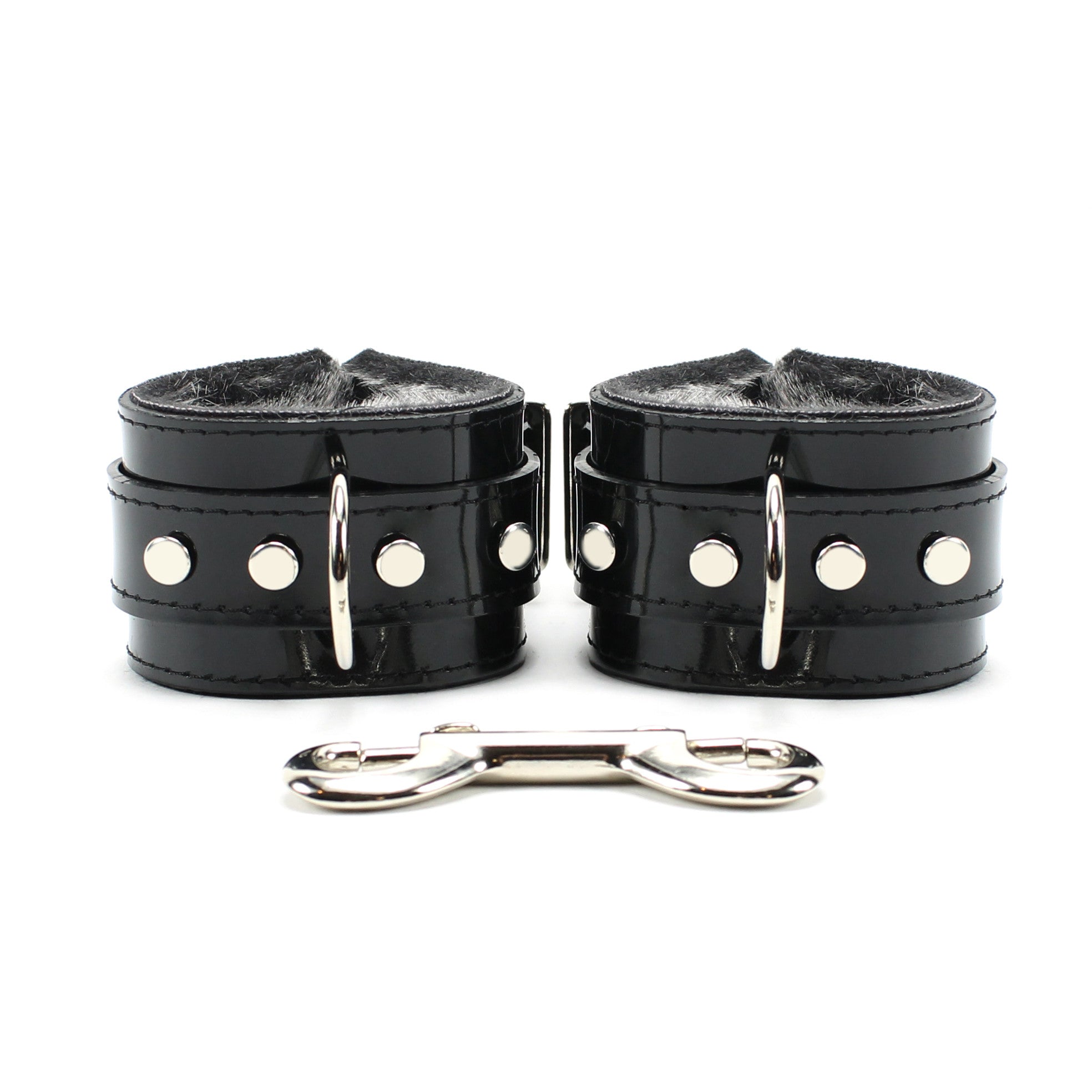 High-end lockable vegan fur-lined bdsm cuffs black with silver D-rings