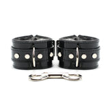 High-end lockable vegan fur-lined bdsm cuffs black with silver D-rings