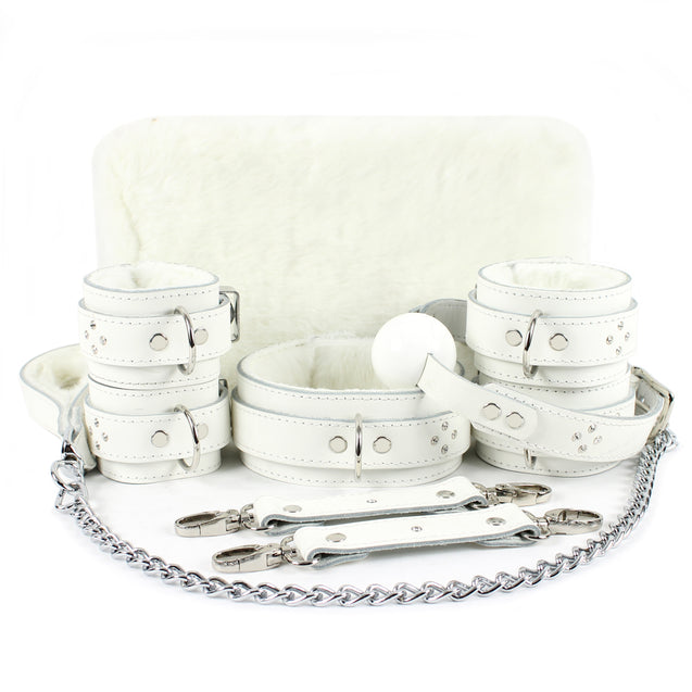 High-end white leather faux fur lined BDSM collection