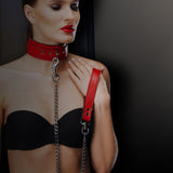 Berlin Red Leather BDSM Collar and Leash on Model