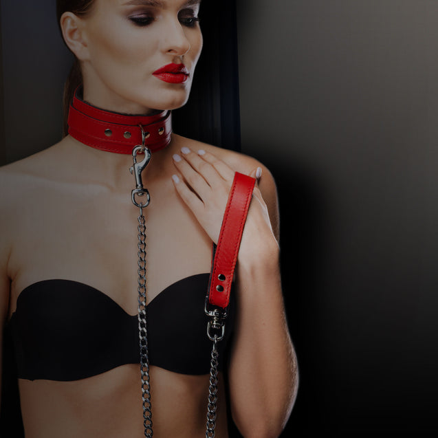 Berlin Red Leather BDSM Collar and Leash on Model