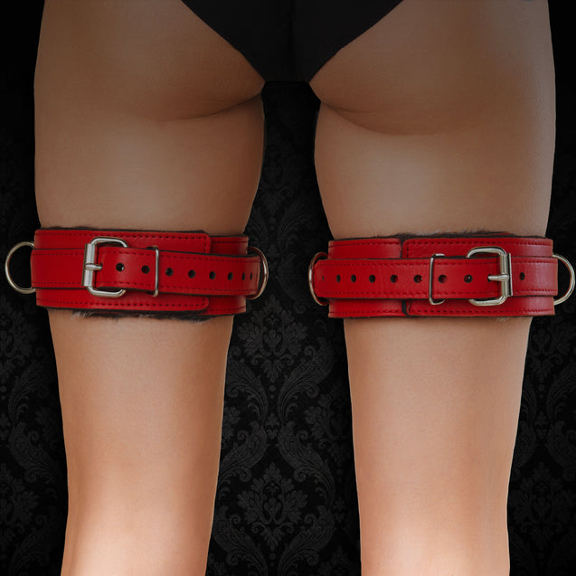 Berlin BDSM Leather Thigh Cuffs Back on Model Red