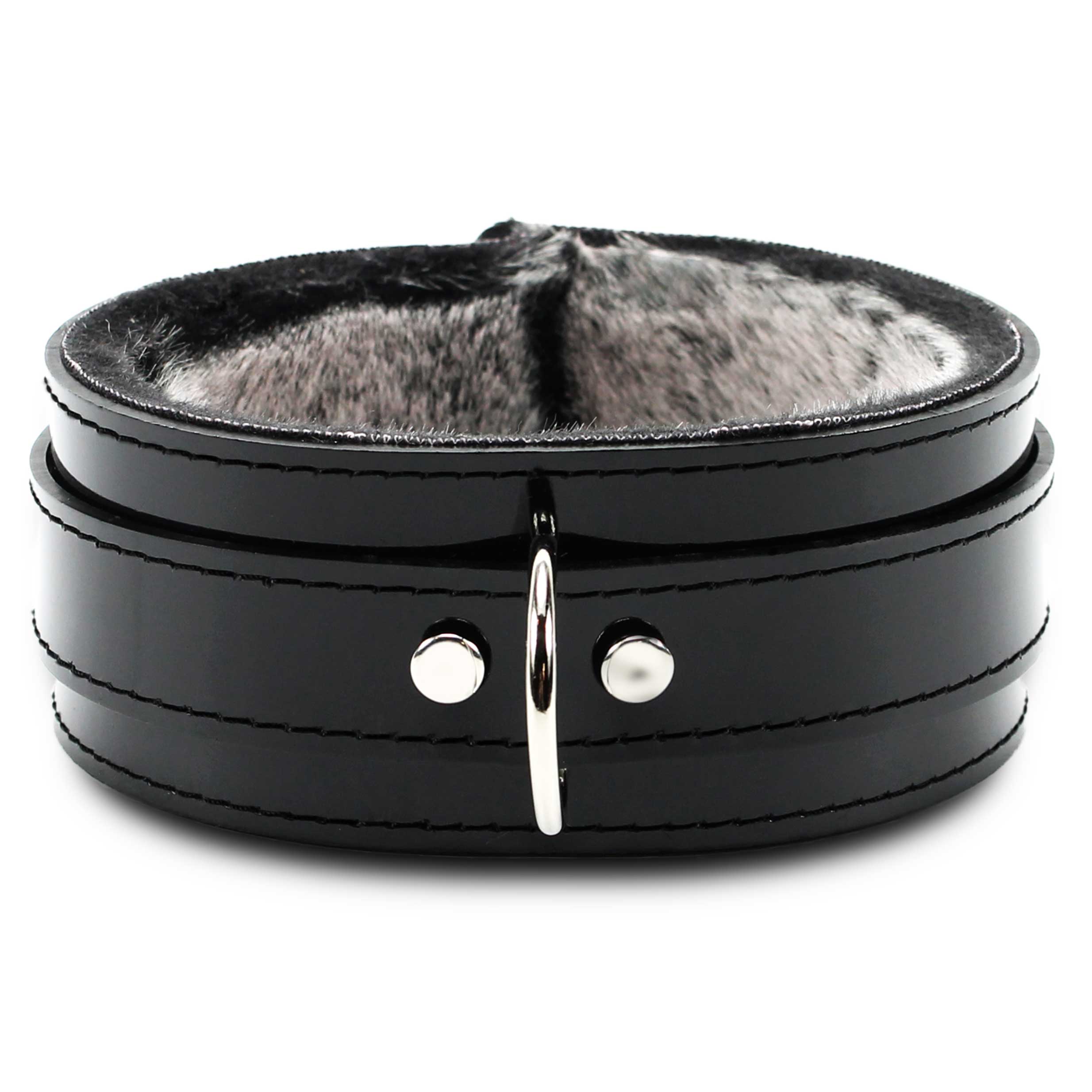 High-end vegan leather faux fur lined BDSM collar black stitching