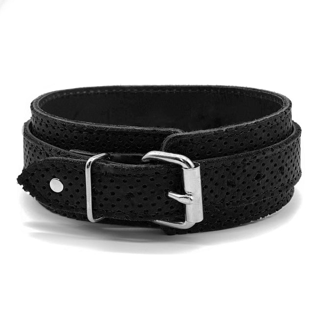 Black perforated leather bondage collar back with buckle