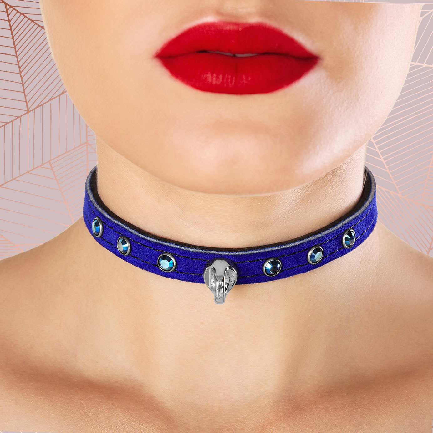 Luxury Suede BDSM Day collar Silver Hardware on Model Front