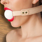 Galen Luxury Leather Silicone Ball Gag in Model's Mouth