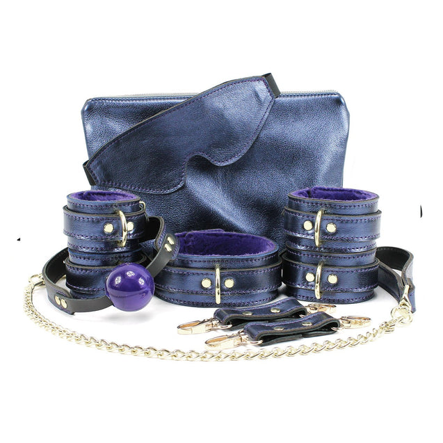 Sonya Luxury Sapphire Blue Metallic Leather BDSM Collection 9-piece
