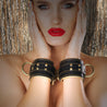 Luxury Metallic Leather Bondage Cuffs On Model