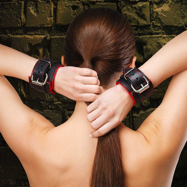 Mandrake BDSM Cuffs + Handle Hogtie Red Cuffs On Model