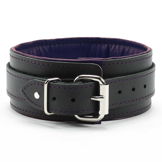 Luxury lambskin leather padded slave collar purple back