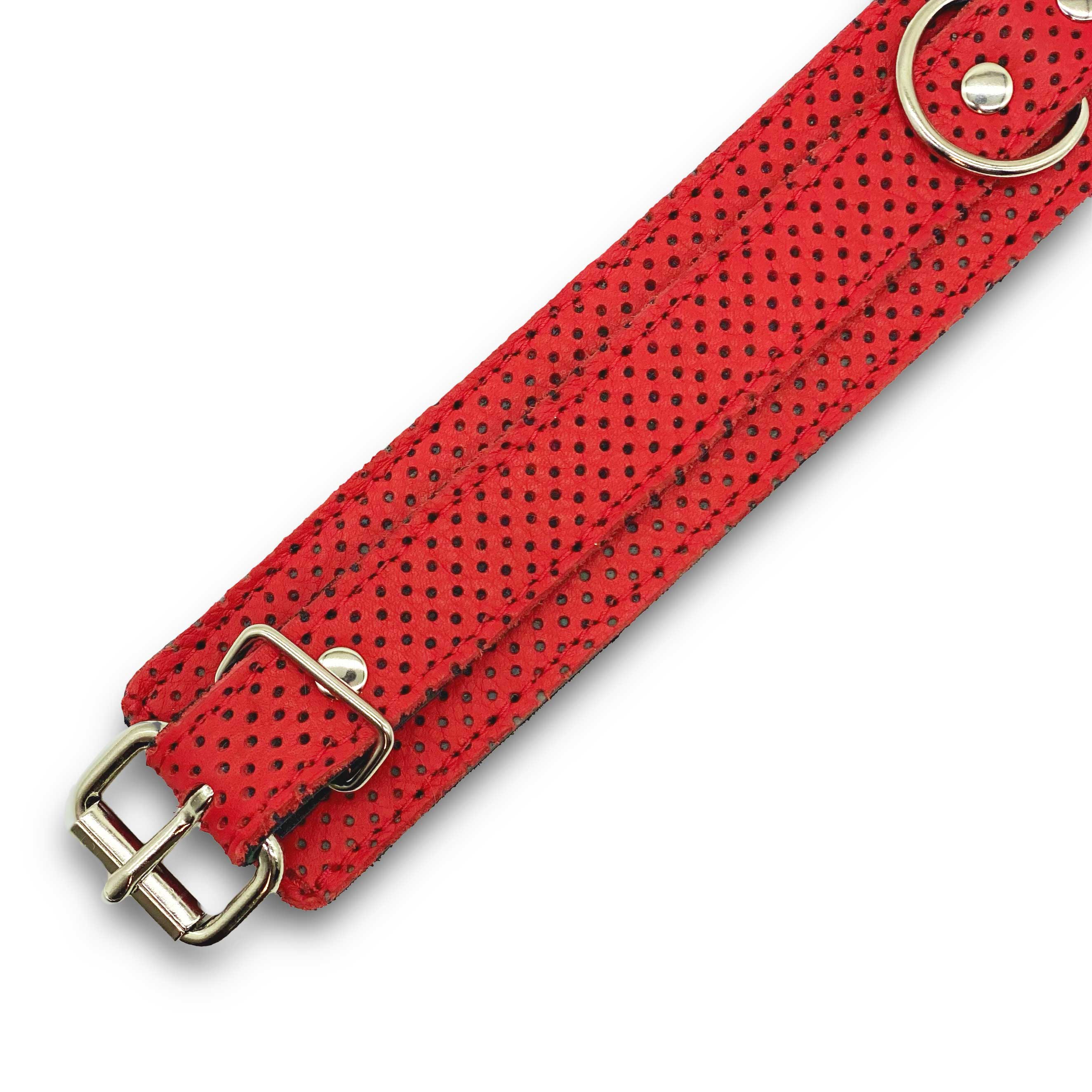 perforated red leather BDSM collar and Lead