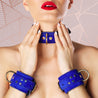 Luxury Blue Suede Bondage Collar and BDSM Cuffs on Model