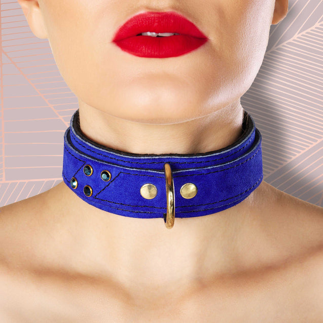 Daphne Blue Suede Bondage Collar Front on Model