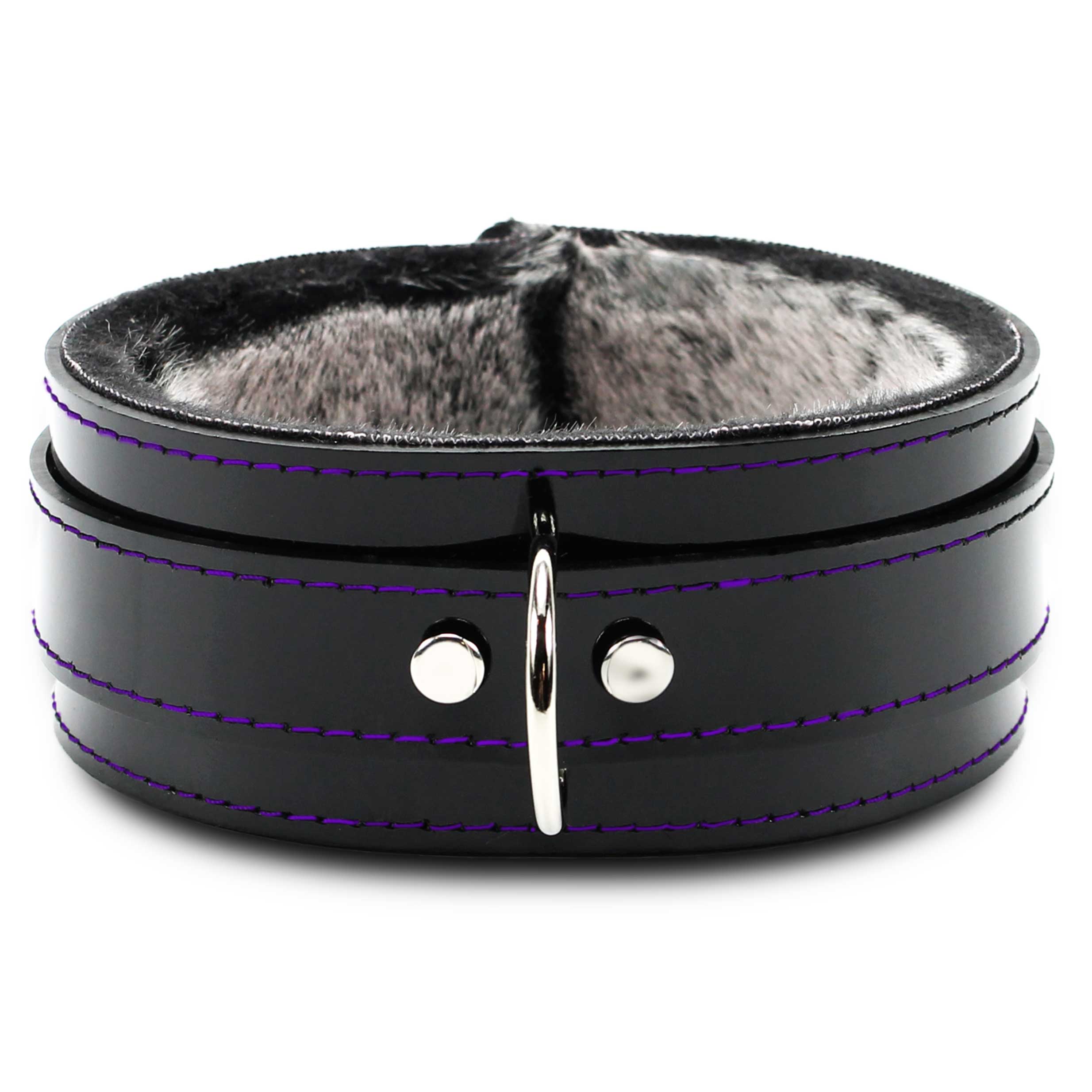 Purple stitching on vegan leather faux fur-lined BDSM Collar