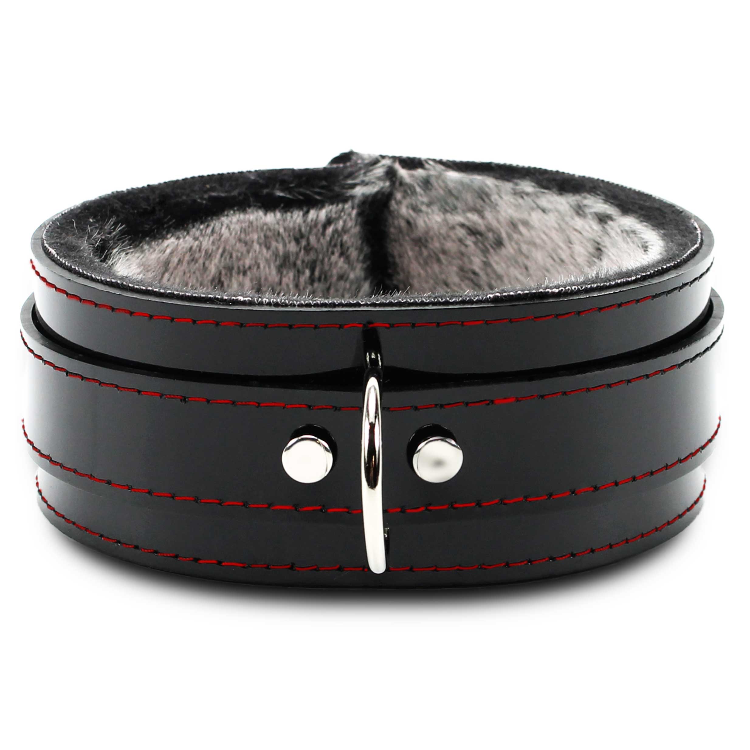 Red stitching on vegan leather faux fur-lined BDSM Collar