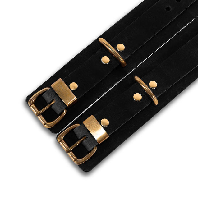 Luxury Black Buffalo High BDSM Cuffs with Solid Brass Hardware Detail